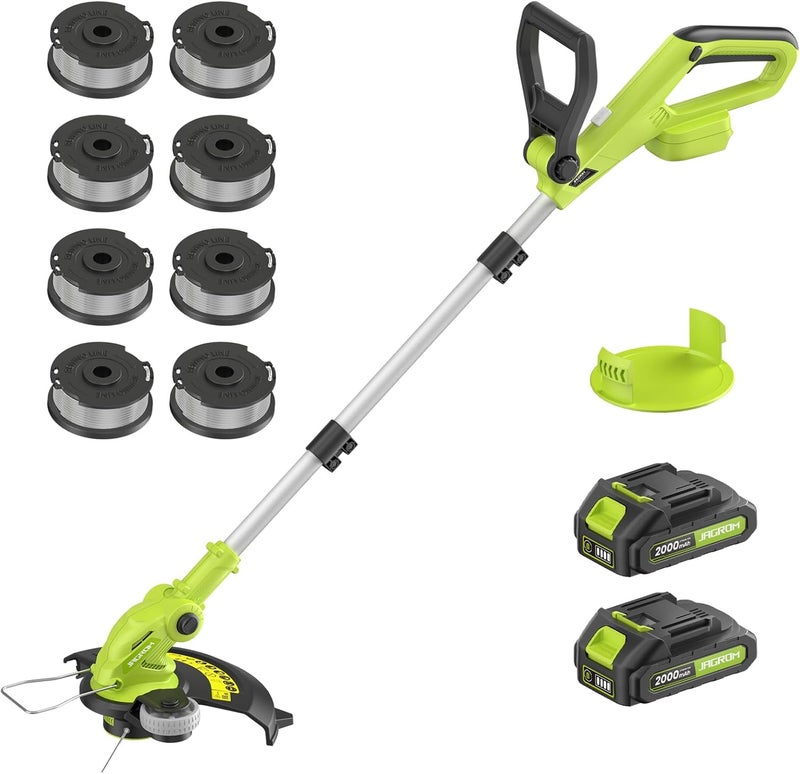 JAGROM Electric String Trimmer Cordless with 2x2.0Ah Battery, 20V Battery Powered 12-inch Lawn Mover & Edger Lawn Tool with Charger, Powered Grass Trimmer with 8pcs Spool Line for Yard, Garden, Green - Image 1